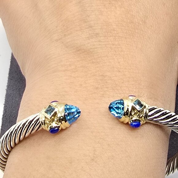 David Yurman Renaissance 5 mm Cable Blue topaz 14 K yellow gold and Silver SMALL - Picture 5 of 8
